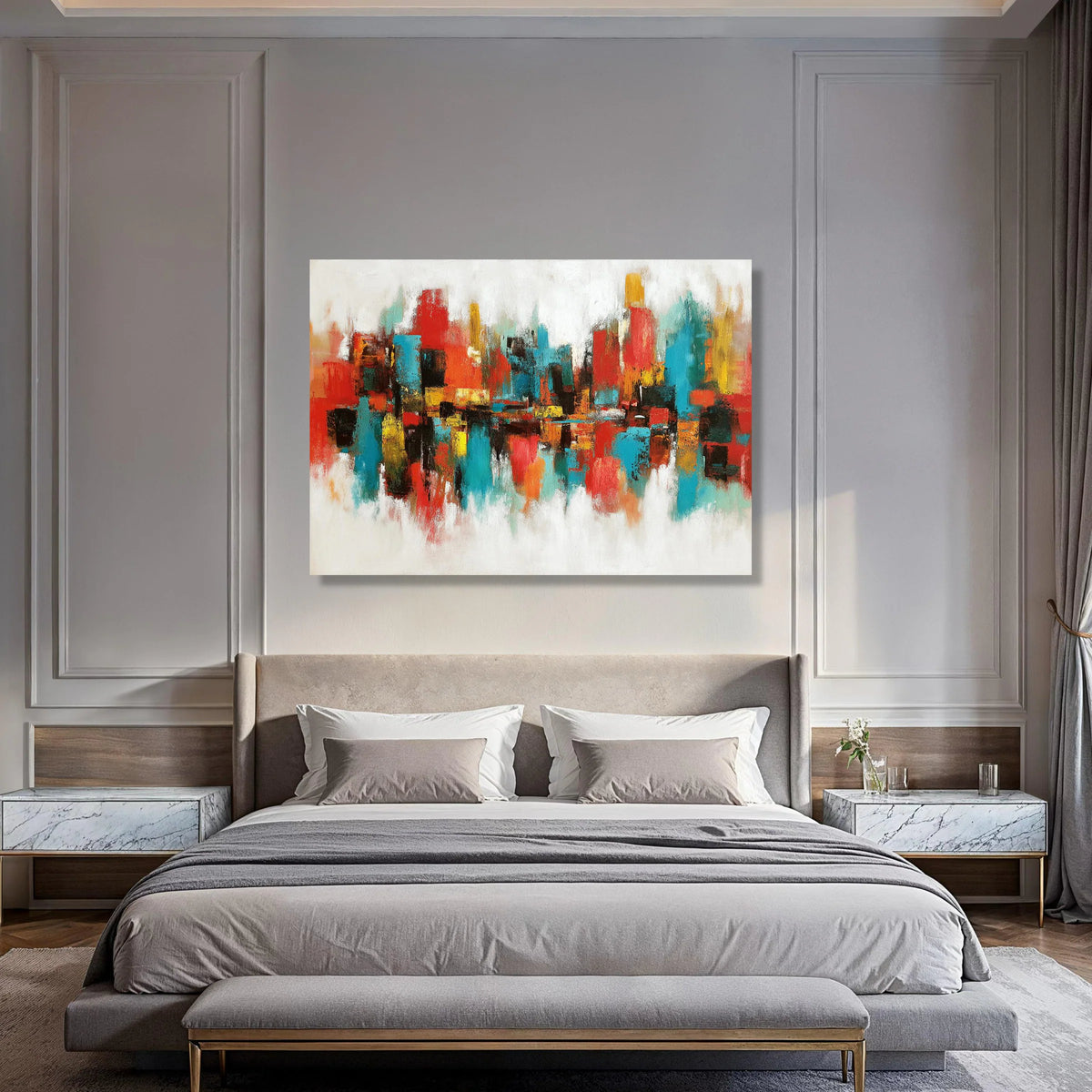 Vibrant Abstract Cityscape Canvas, Colorful Urban Wall Art, Modern Home Decoration, Contemporary Living Room Canvas Print Art