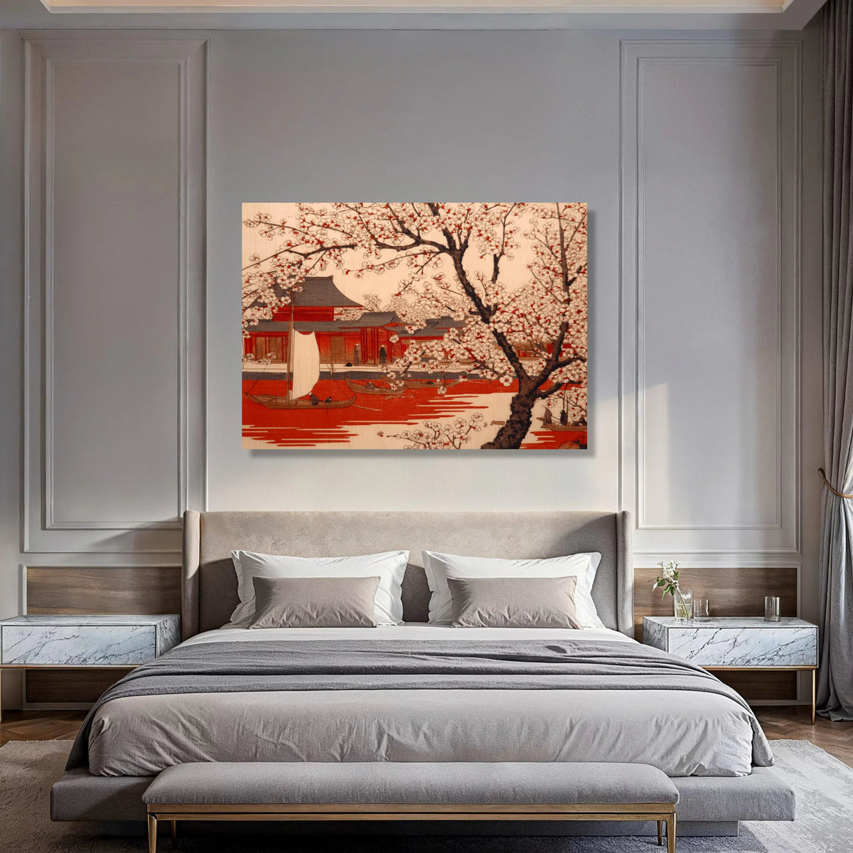 Cherry Blossom Trees with Red Water and Traditional Japanese Boats Canvas Wall Art, Asian Landscape Painting, Floral Nature Wall Print Art