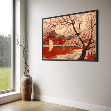 Cherry Blossom Trees with Red Water and Traditional Japanese Boats Canvas Wall Art, Asian Landscape Painting, Floral Nature Wall Print Art