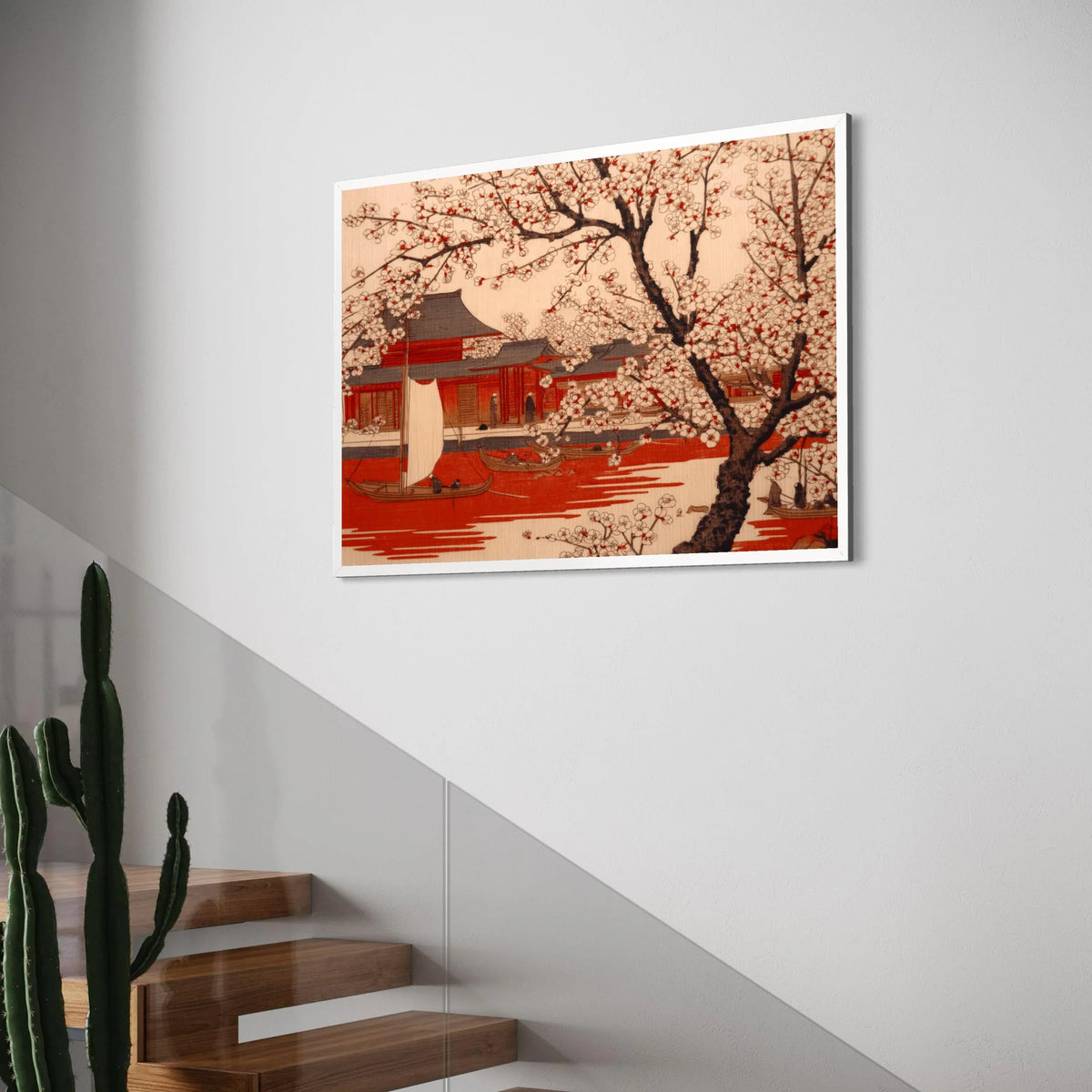 Cherry Blossom Trees with Red Water and Traditional Japanese Boats Canvas Wall Art, Asian Landscape Painting, Floral Nature Wall Print Art