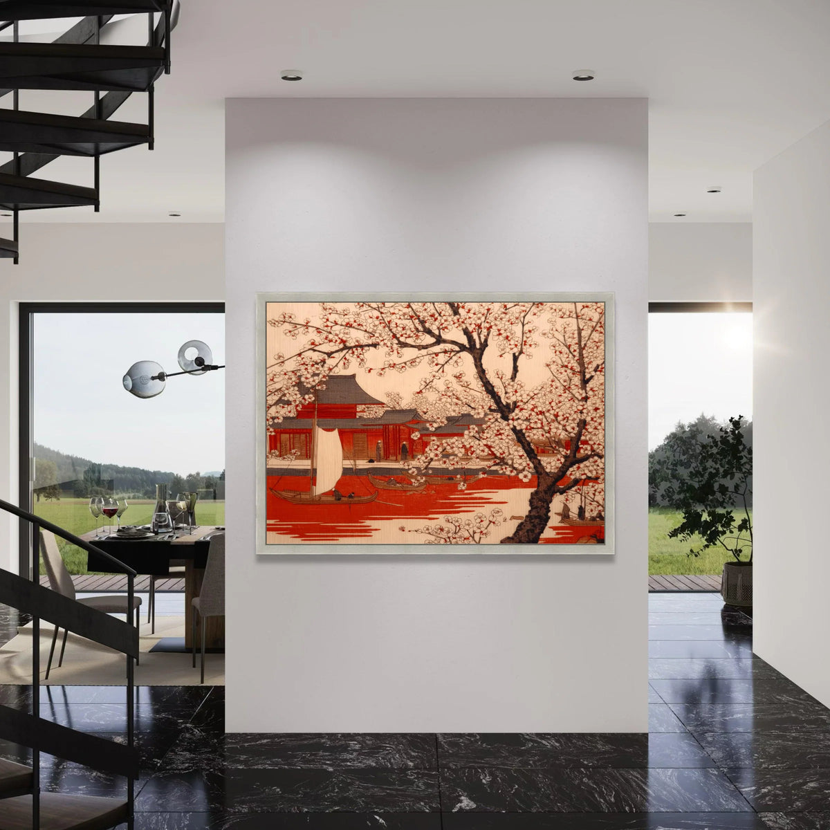 Cherry Blossom Trees with Red Water and Traditional Japanese Boats Canvas Wall Art, Asian Landscape Painting, Floral Nature Wall Print Art