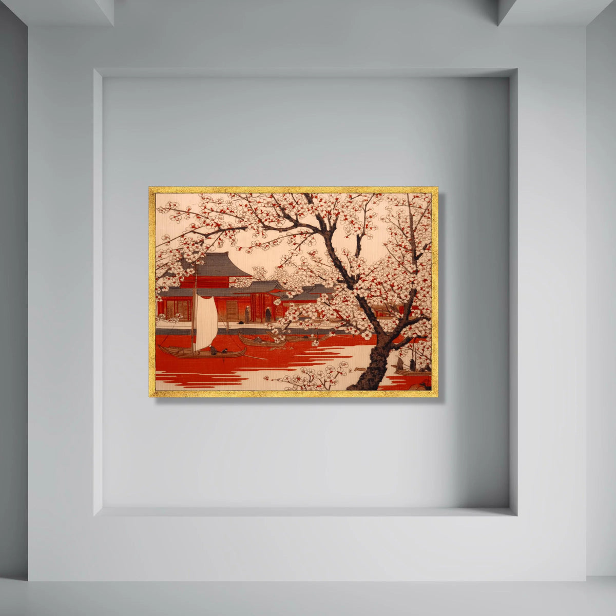 Cherry Blossom Trees with Red Water and Traditional Japanese Boats Canvas Wall Art, Asian Landscape Painting, Floral Nature Wall Print Art
