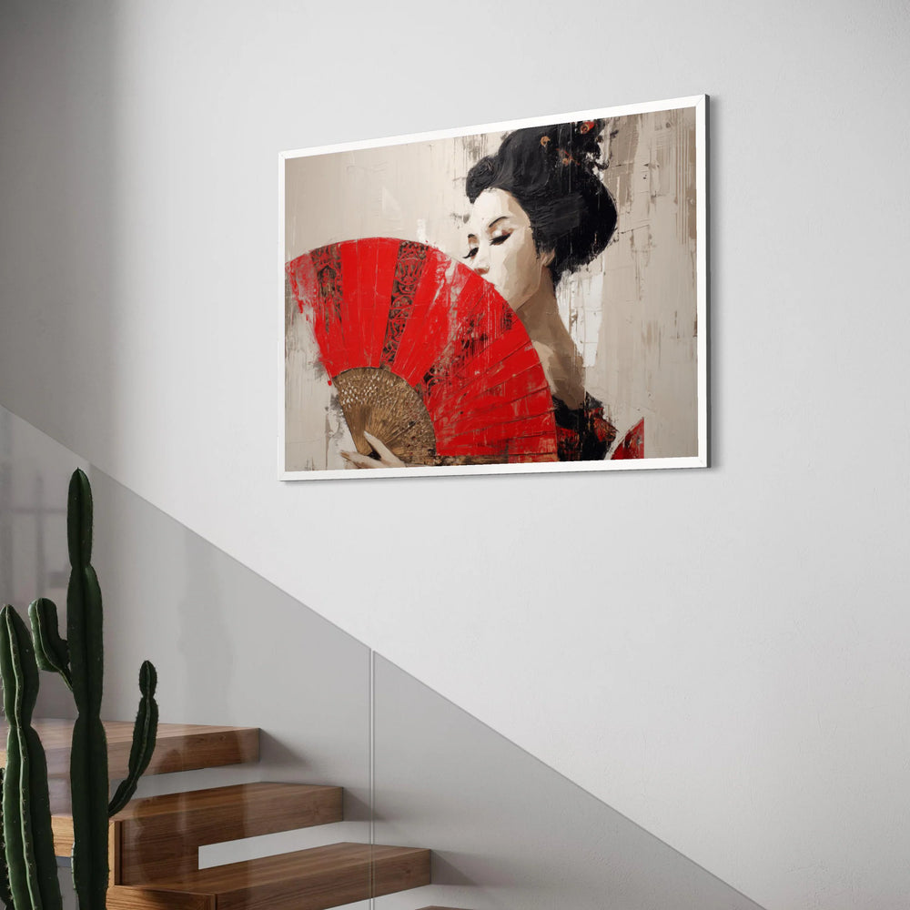 Elegant Geisha with Red Fan Canvas, Asian Woman Portrait Wall Art, Traditional Japanese Style Canvas, Modern Home Decoration Print Art