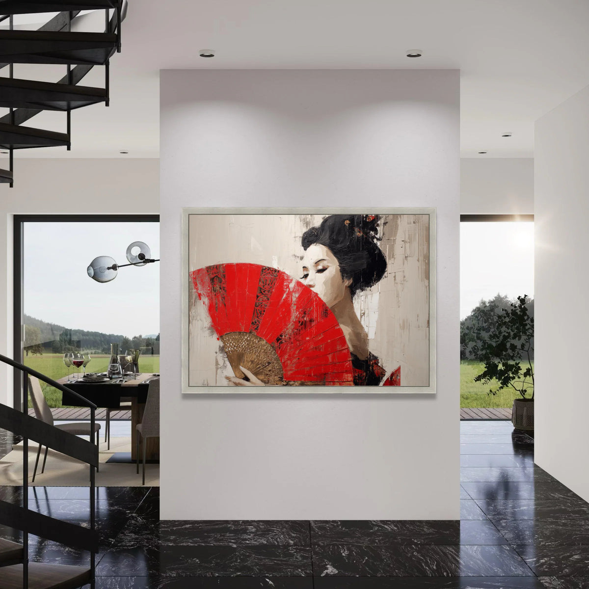 Elegant Geisha with Red Fan Canvas, Asian Woman Portrait Wall Art, Traditional Japanese Style Canvas, Modern Home Decoration Print Art