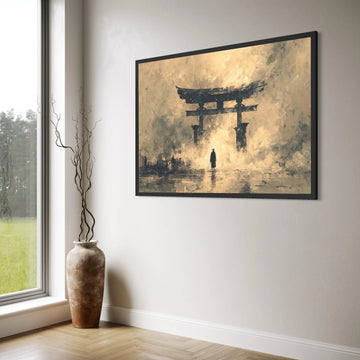Samurai Silhouette at Torii Gate Canvas, Japanese Culture Wall Art, Zen Landscape Painting, Mystic Asian Scene Canvas, Home Print Art