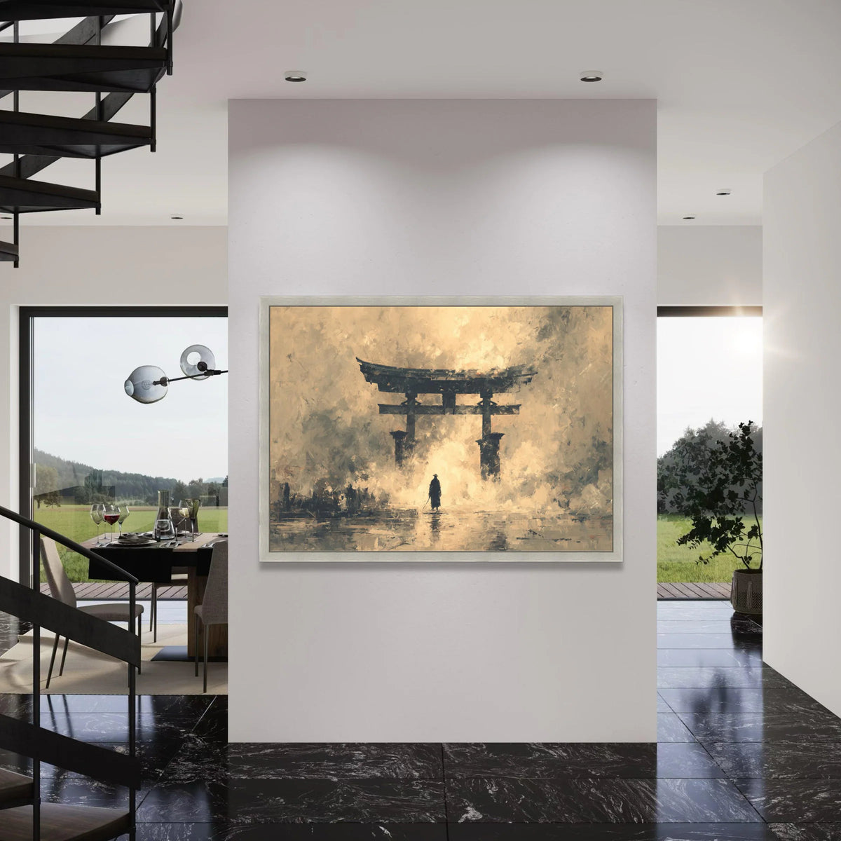 Samurai Silhouette at Torii Gate Canvas, Japanese Culture Wall Art, Zen Landscape Painting, Mystic Asian Scene Canvas, Home Print Art