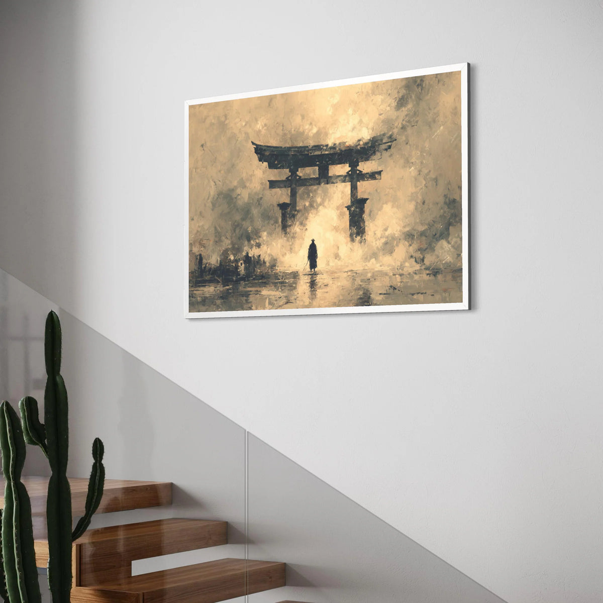 Samurai Silhouette at Torii Gate Canvas, Japanese Culture Wall Art, Zen Landscape Painting, Mystic Asian Scene Canvas, Home Print Art