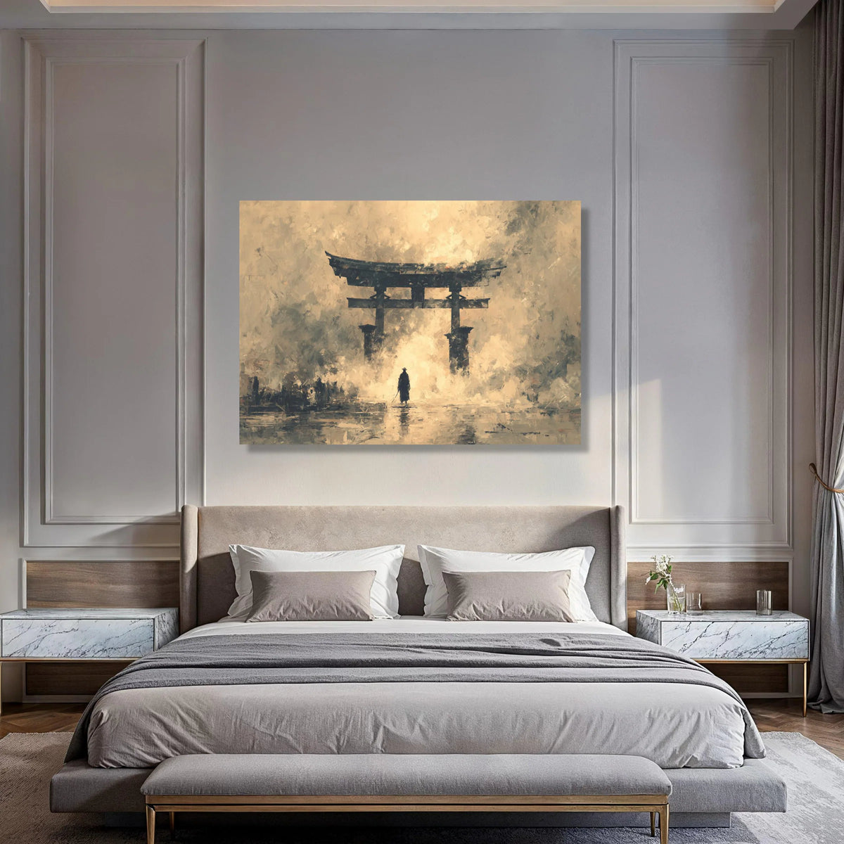 Samurai Silhouette at Torii Gate Canvas, Japanese Culture Wall Art, Zen Landscape Painting, Mystic Asian Scene Canvas, Home Print Art