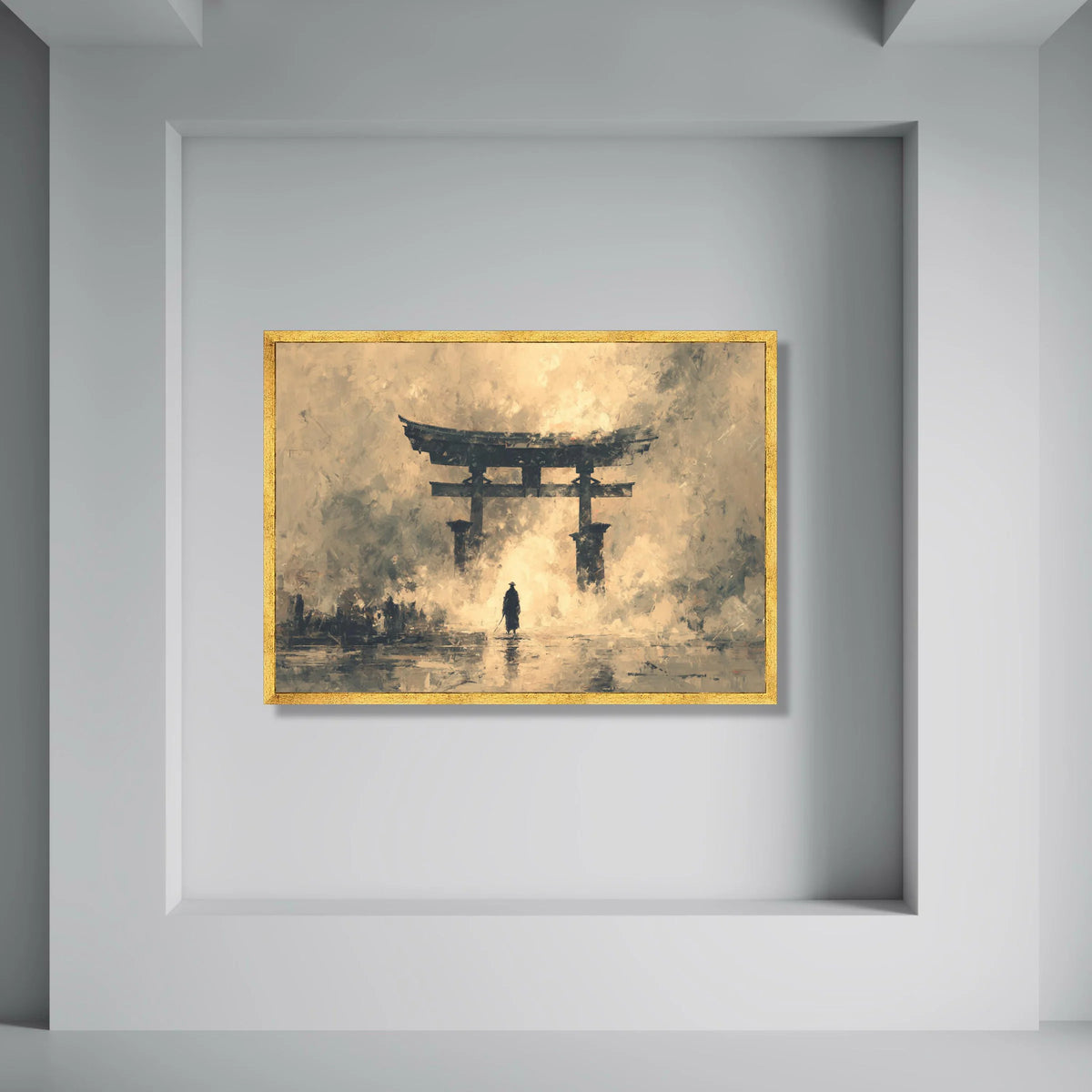 Samurai Silhouette at Torii Gate Canvas, Japanese Culture Wall Art, Zen Landscape Painting, Mystic Asian Scene Canvas, Home Print Art