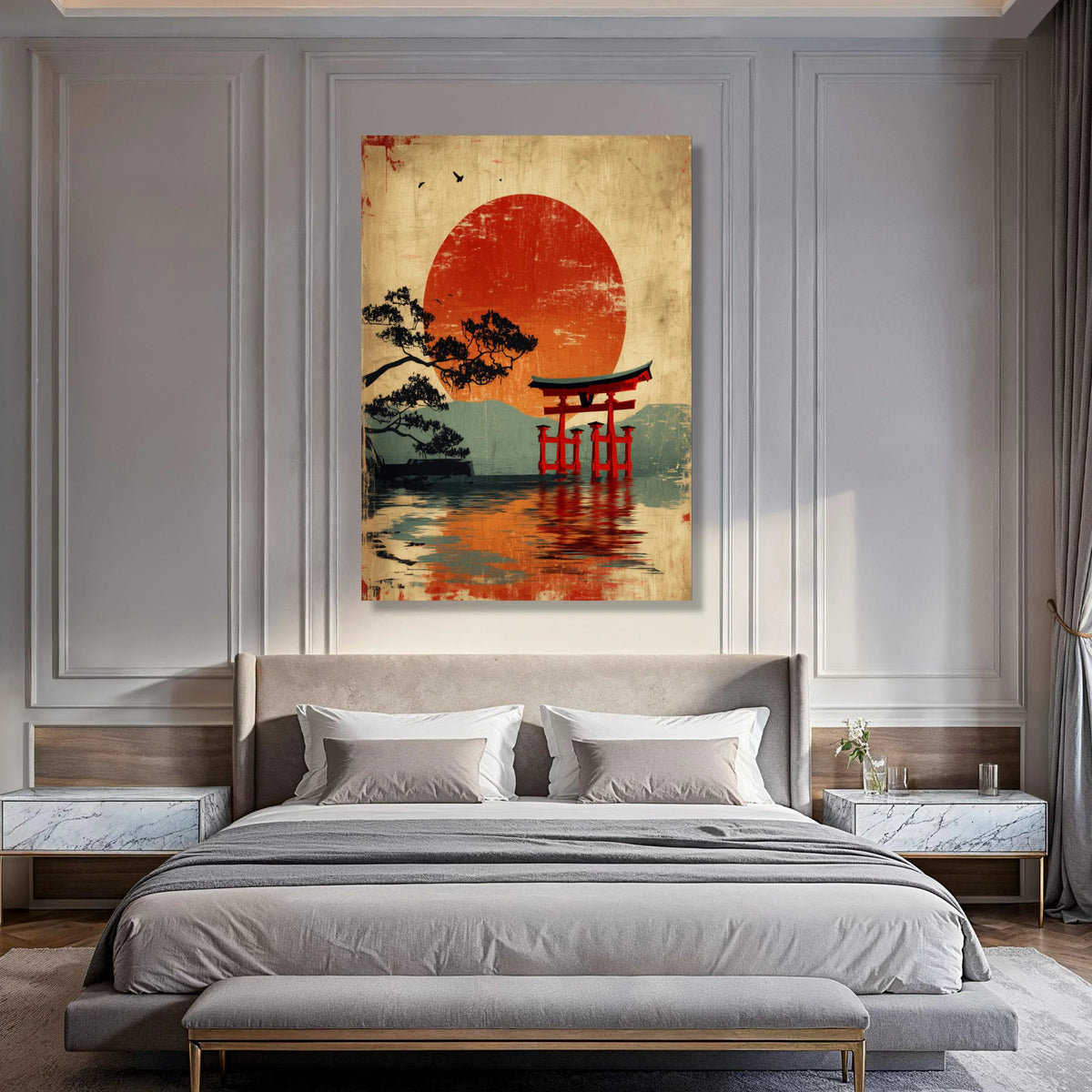 Japanese Torii Gate Canvas, Red Sun Sunset Wall Art, Traditional Asian Landscape, Serene Water Reflection, Zen Home Decor Canvas Print Art