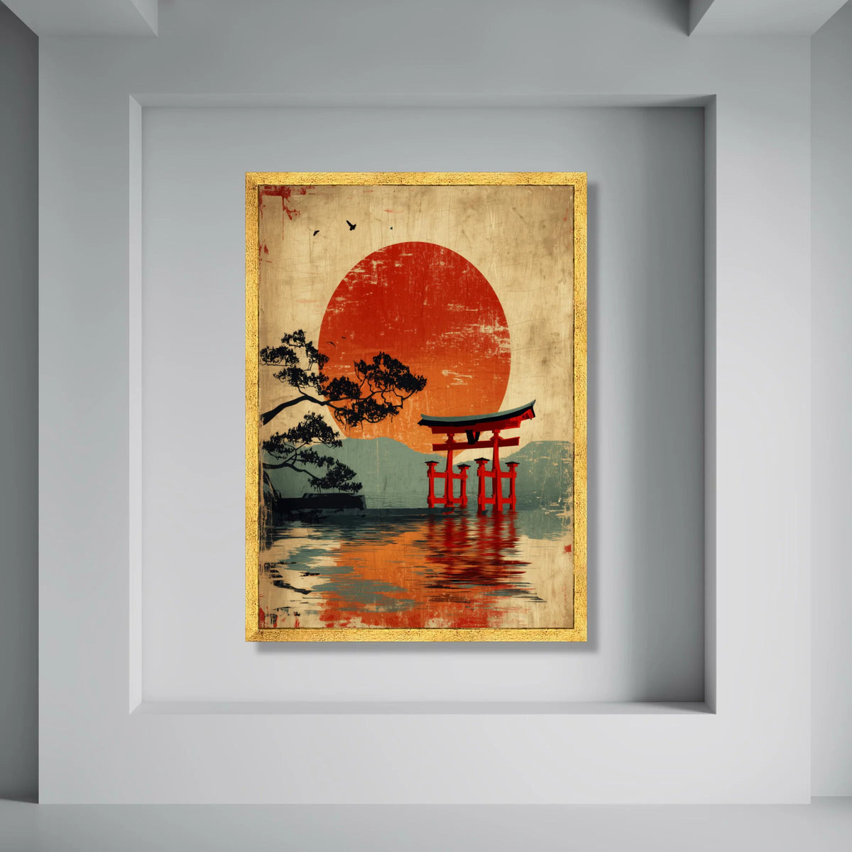 Japanese Torii Gate Canvas, Red Sun Sunset Wall Art, Traditional Asian Landscape, Serene Water Reflection, Zen Home Decor Canvas Print Art