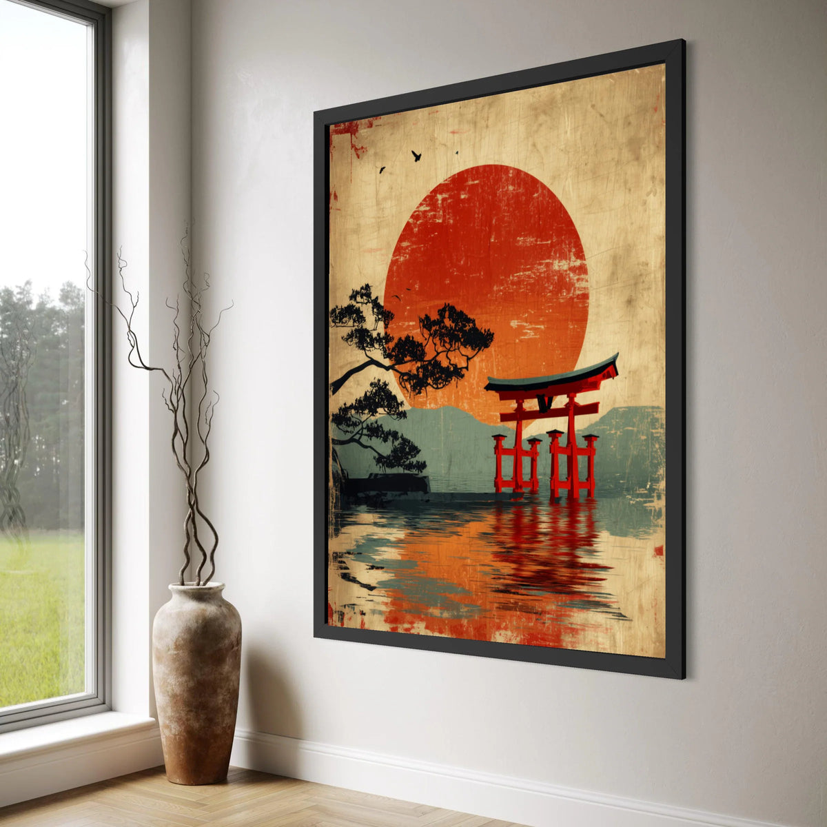 Japanese Torii Gate Canvas, Red Sun Sunset Wall Art, Traditional Asian Landscape, Serene Water Reflection, Zen Home Decor Canvas Print Art