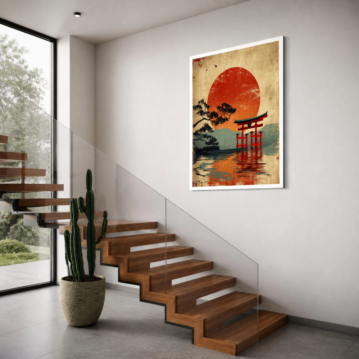 Japanese Torii Gate Canvas, Red Sun Sunset Wall Art, Traditional Asian Landscape, Serene Water Reflection, Zen Home Decor Canvas Print Art