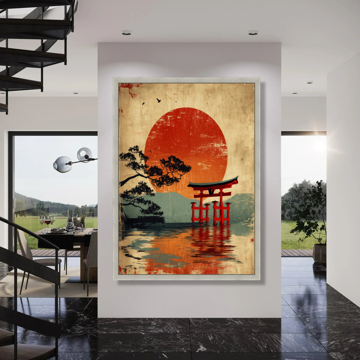 Japanese Torii Gate Canvas, Red Sun Sunset Wall Art, Traditional Asian Landscape, Serene Water Reflection, Zen Home Decor Canvas Print Art
