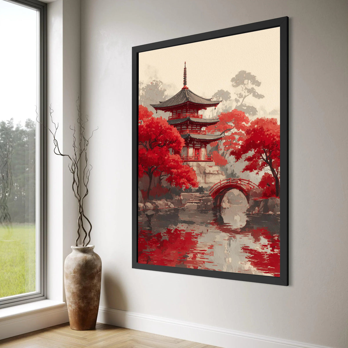 Tranquil Japanese Pagoda Canvas, Red Maple Trees Wall Art, Zen Garden Reflection, Asian Landscape Canvas, Home Decoration Print Art