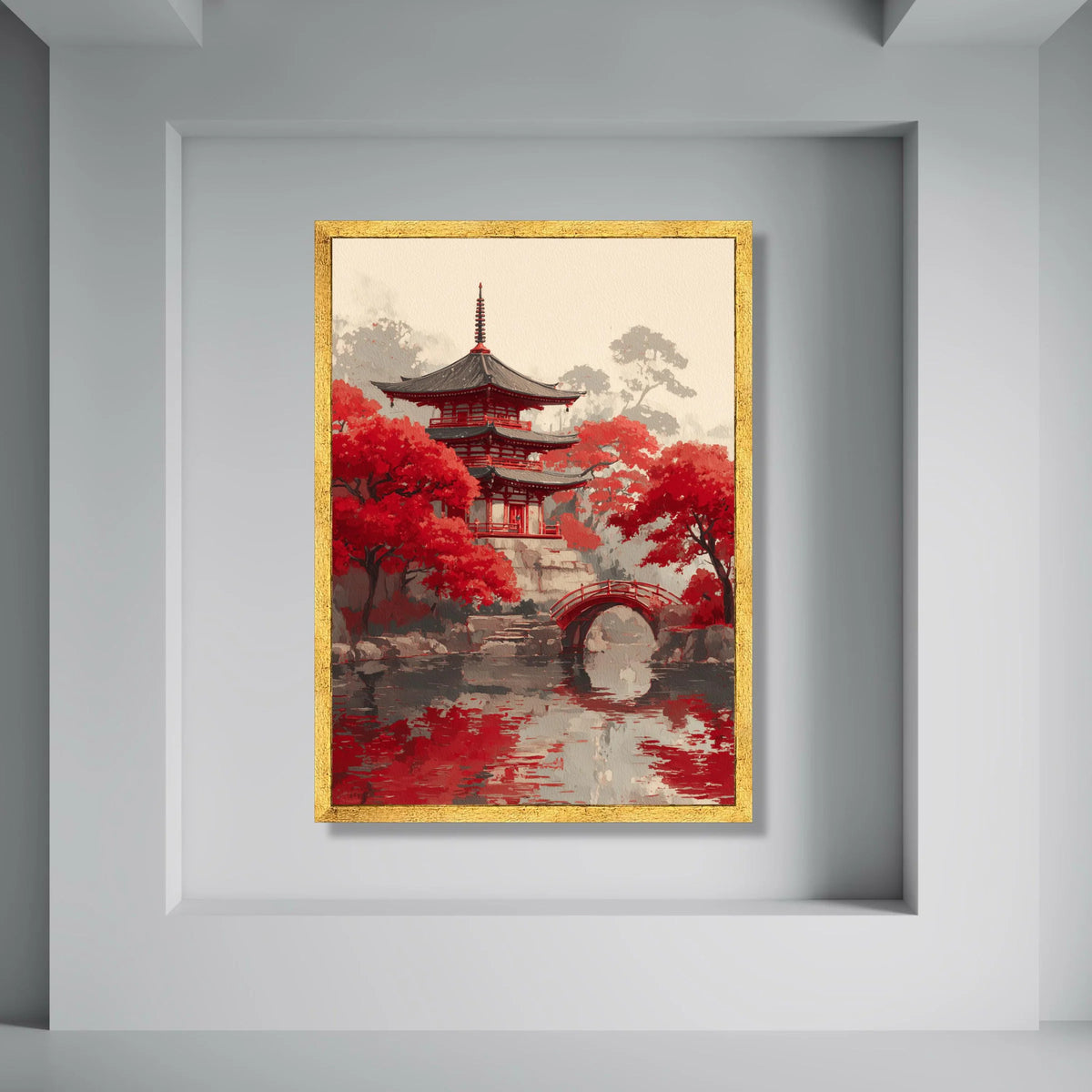 Tranquil Japanese Pagoda Canvas, Red Maple Trees Wall Art, Zen Garden Reflection, Asian Landscape Canvas, Home Decoration Print Art