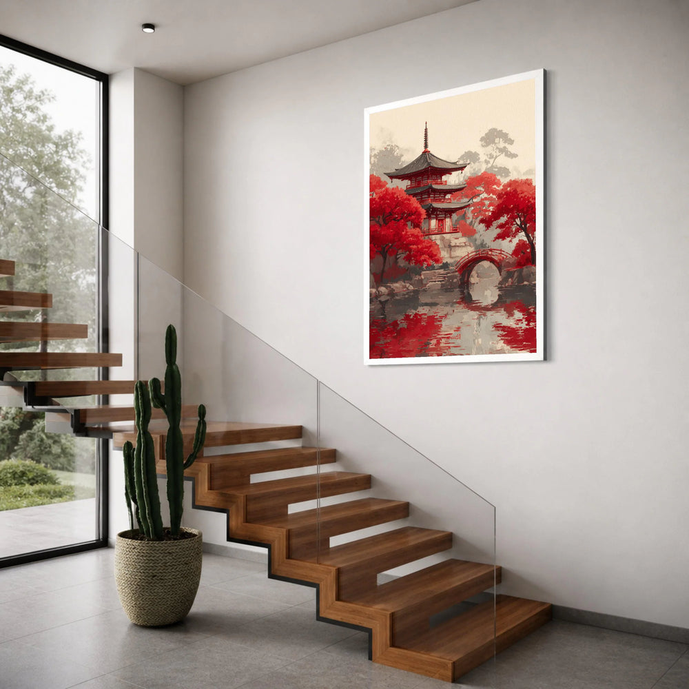 Tranquil Japanese Pagoda Canvas, Red Maple Trees Wall Art, Zen Garden Reflection, Asian Landscape Canvas, Home Decoration Print Art