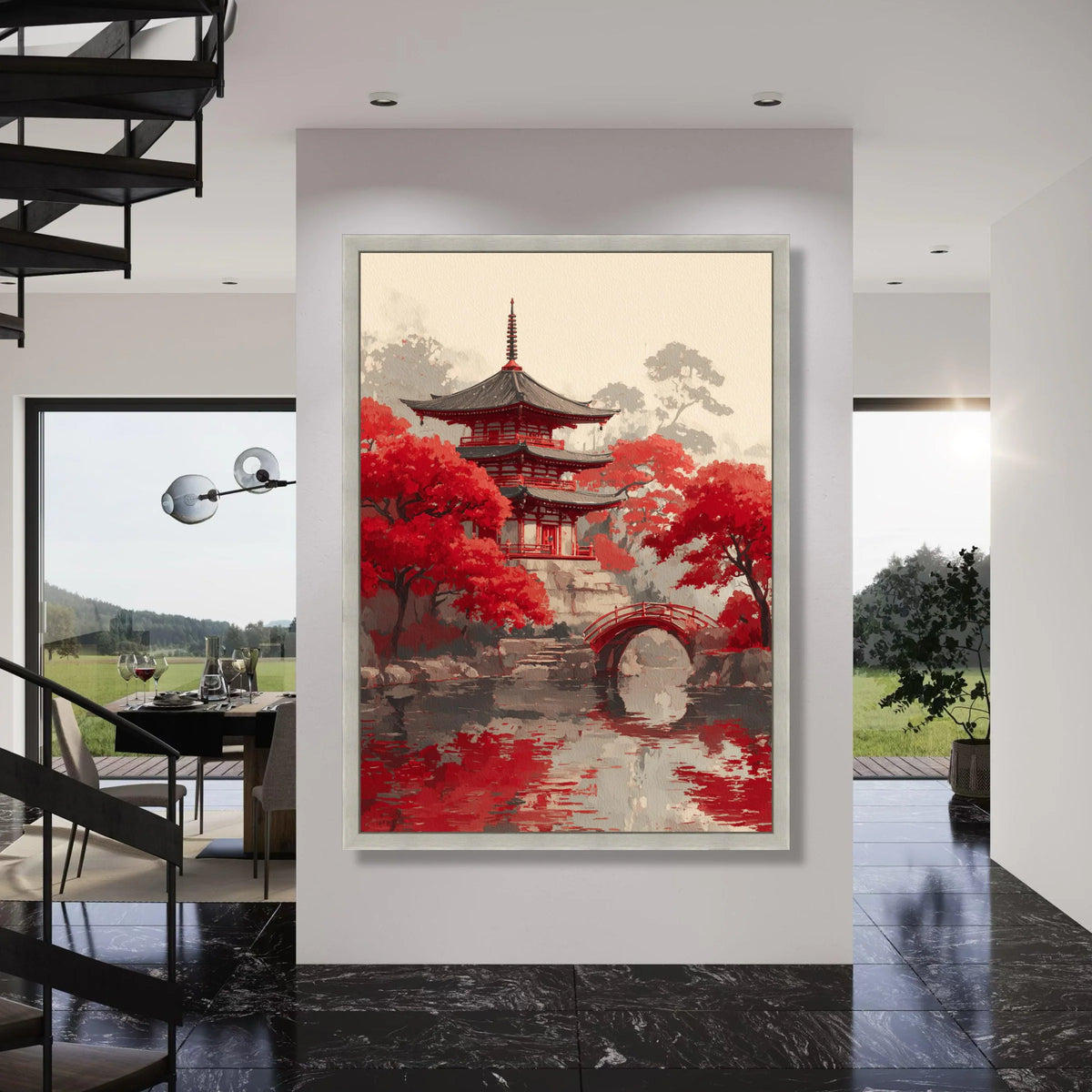 Tranquil Japanese Pagoda Canvas, Red Maple Trees Wall Art, Zen Garden Reflection, Asian Landscape Canvas, Home Decoration Print Art