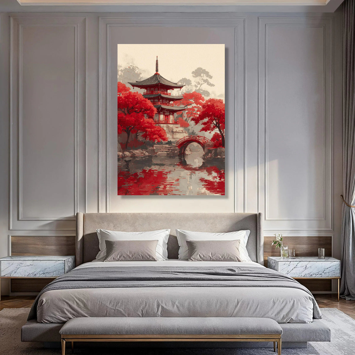Tranquil Japanese Pagoda Canvas, Red Maple Trees Wall Art, Zen Garden Reflection, Asian Landscape Canvas, Home Decoration Print Art