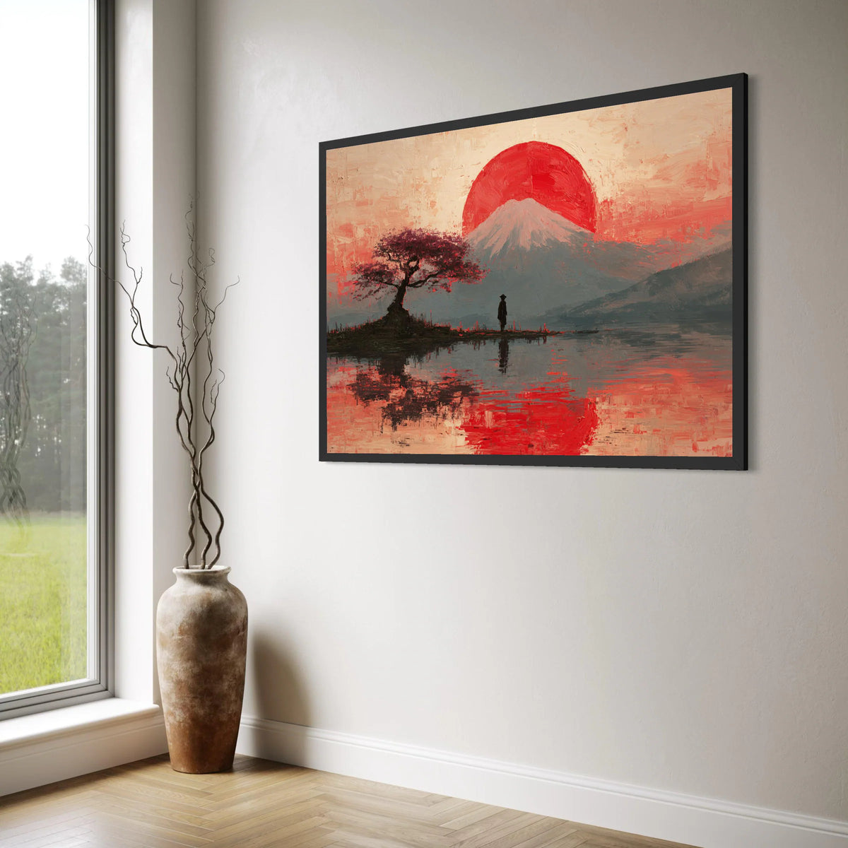 Serene Mount Fuji Sunset Canvas, Japanese Landscape Wall Art, Cherry Blossom Tree Reflection, Tranquil Nature Scene Canvas, Zen Print Art
