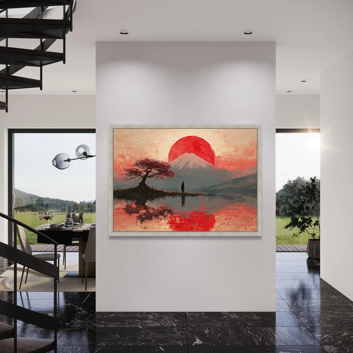Serene Mount Fuji Sunset Canvas, Japanese Landscape Wall Art, Cherry Blossom Tree Reflection, Tranquil Nature Scene Canvas, Zen Print Art