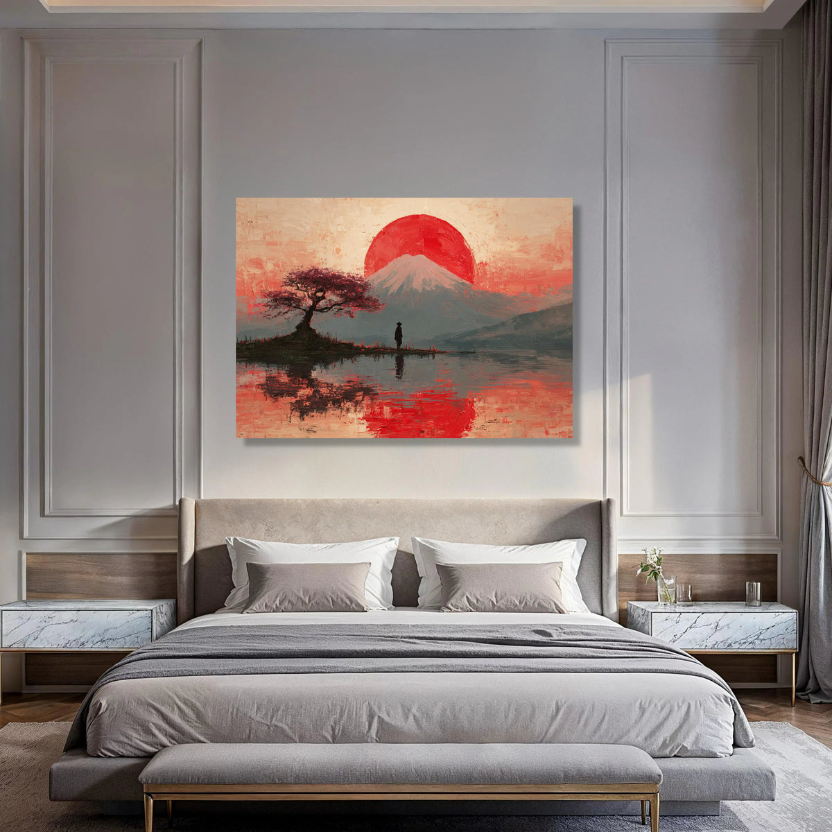 Serene Mount Fuji Sunset Canvas, Japanese Landscape Wall Art, Cherry Blossom Tree Reflection, Tranquil Nature Scene Canvas, Zen Print Art