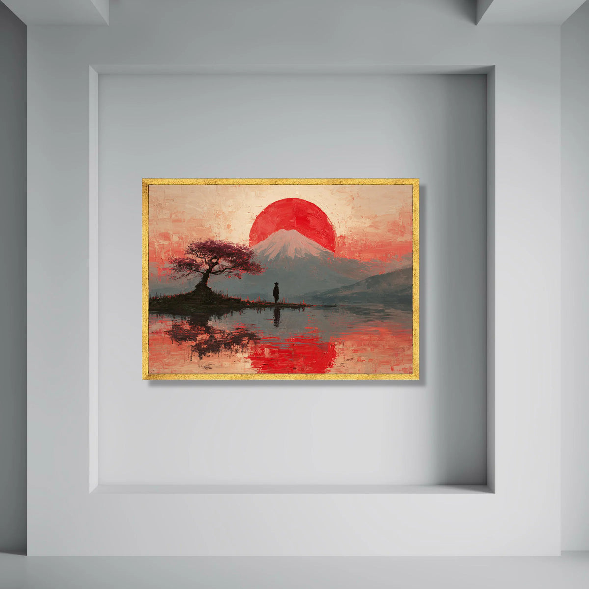 Serene Mount Fuji Sunset Canvas, Japanese Landscape Wall Art, Cherry Blossom Tree Reflection, Tranquil Nature Scene Canvas, Zen Print Art
