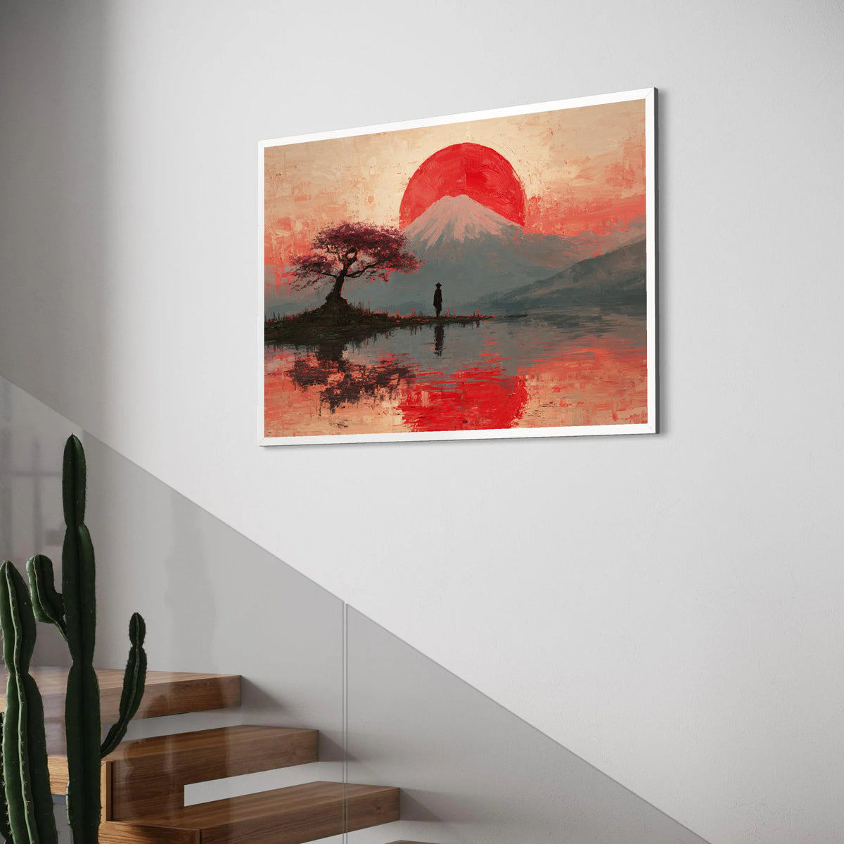 Serene Mount Fuji Sunset Canvas, Japanese Landscape Wall Art, Cherry Blossom Tree Reflection, Tranquil Nature Scene Canvas, Zen Print Art