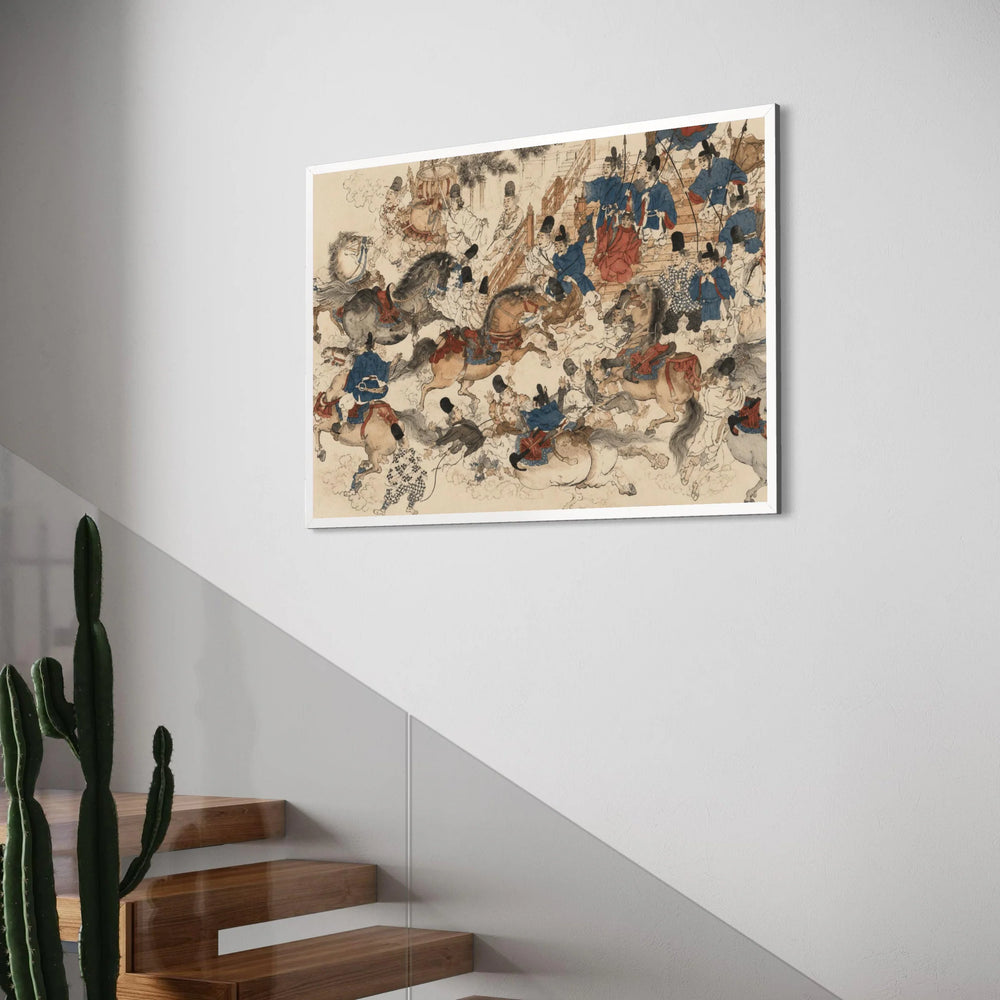Ancient Asian Cavalry Battle Scene Canvas, Historical Horse Rider Art, Traditional Warrior Painting, Vintage Fight Canvas, Epic Print Art