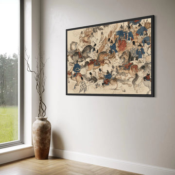 Ancient Asian Cavalry Battle Scene Canvas, Historical Horse Rider Art, Traditional Warrior Painting, Vintage Fight Canvas, Epic Print Art