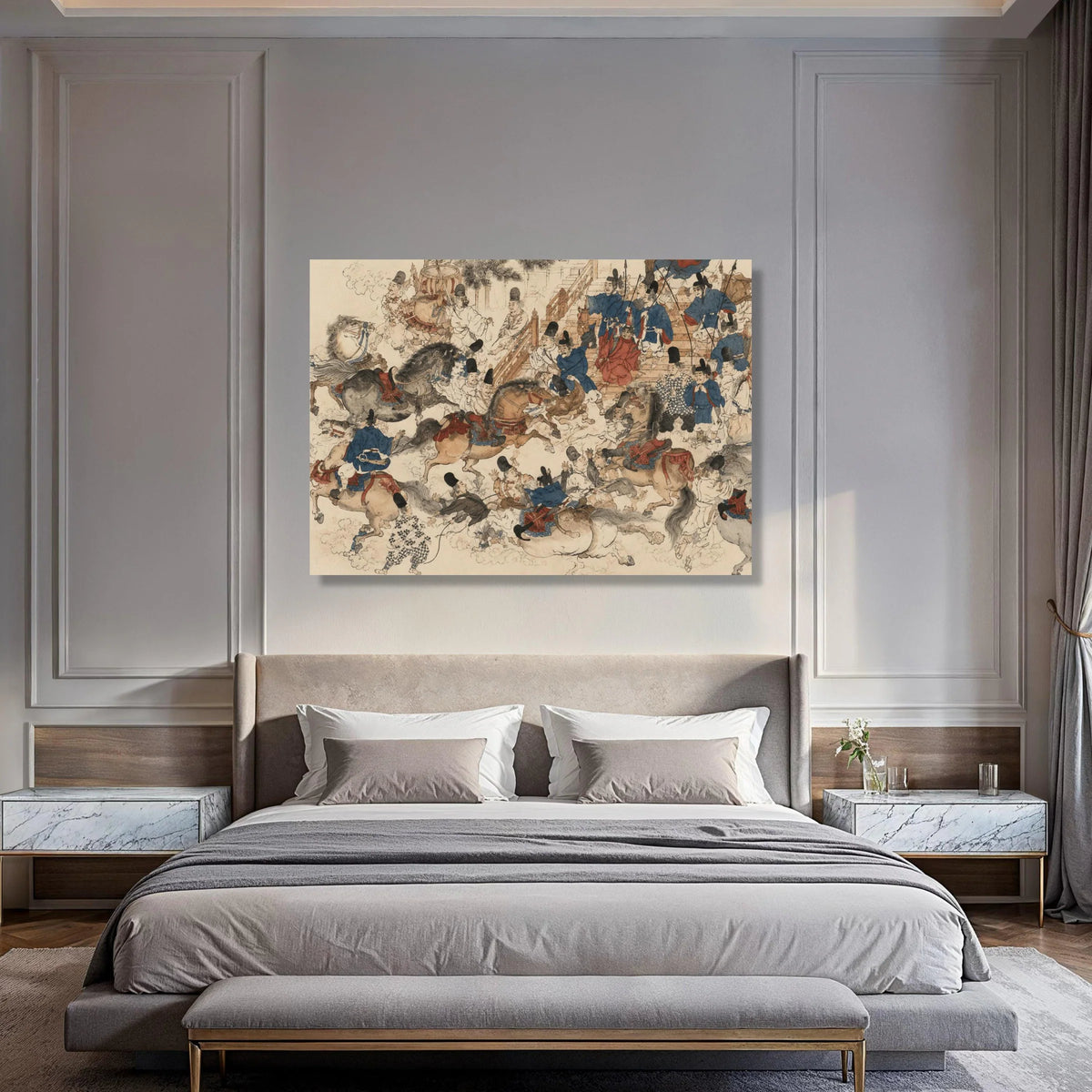 Ancient Asian Cavalry Battle Scene Canvas, Historical Horse Rider Art, Traditional Warrior Painting, Vintage Fight Canvas, Epic Print Art