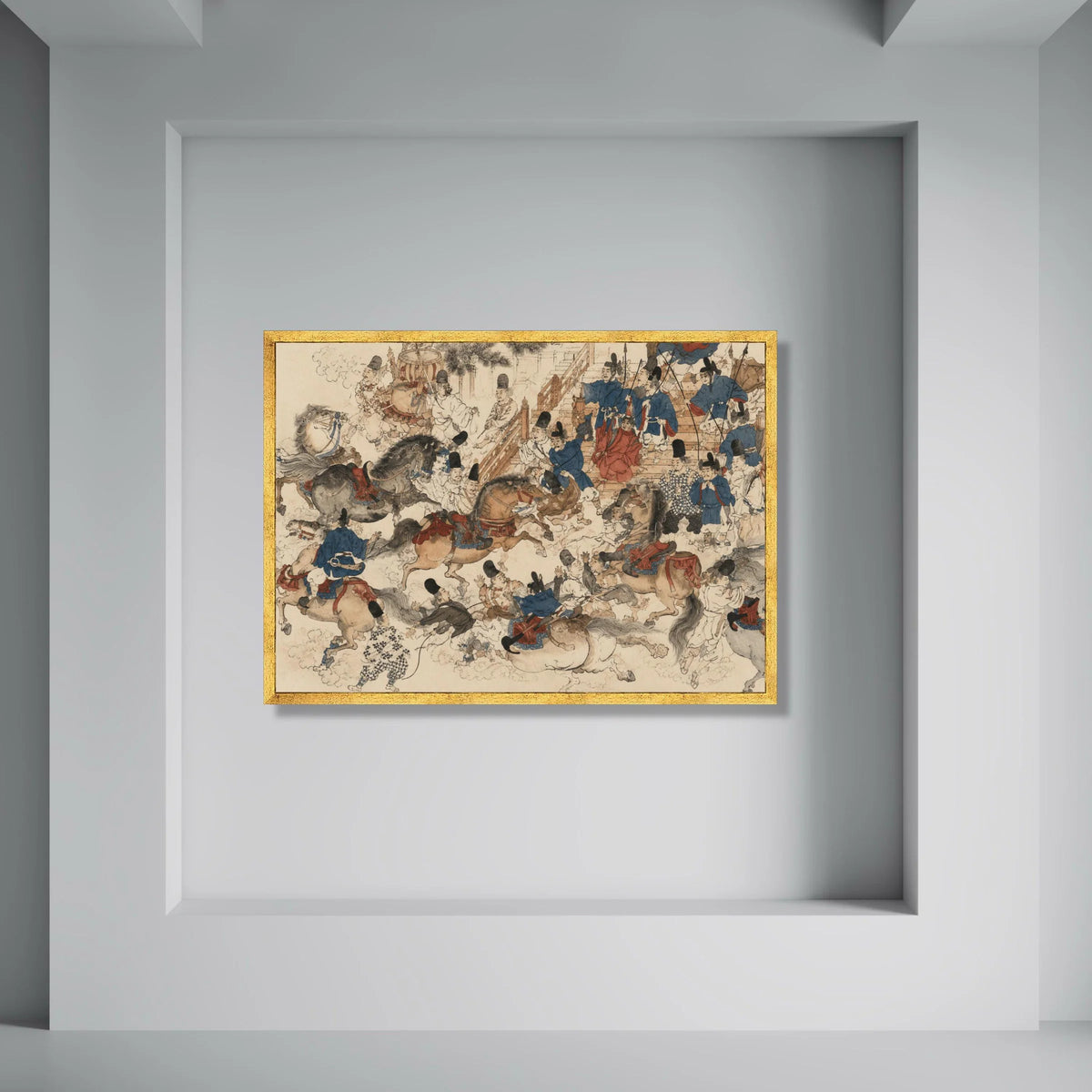 Ancient Asian Cavalry Battle Scene Canvas, Historical Horse Rider Art, Traditional Warrior Painting, Vintage Fight Canvas, Epic Print Art