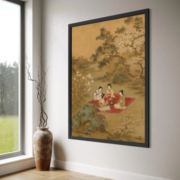 Traditional Japanese Garden Scene Canvas, Elegant Women Tea Ceremony, Cherry Blossom Trees Artwork, Asian Culture Wall Art, Nature Print Art