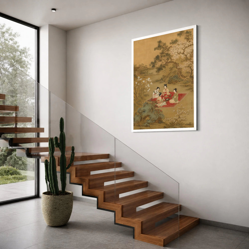 Traditional Japanese Garden Scene Canvas, Elegant Women Tea Ceremony, Cherry Blossom Trees Artwork, Asian Culture Wall Art, Nature Print Art