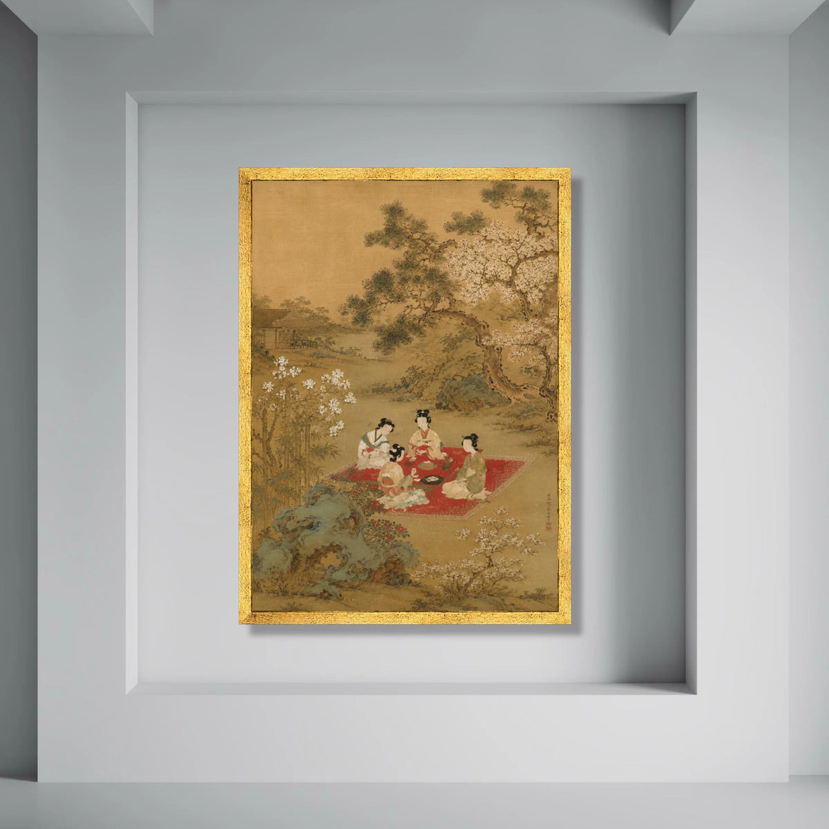 Traditional Japanese Garden Scene Canvas, Elegant Women Tea Ceremony, Cherry Blossom Trees Artwork, Asian Culture Wall Art, Nature Print Art