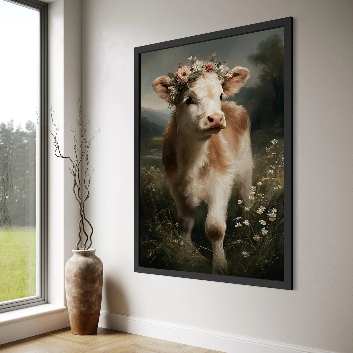 Charming Calf with Floral Crown Canvas, Rustic Farm Animal Wall Art, Meadow Nature Scene Canvas, Cozy Country Home Decoration Print Art