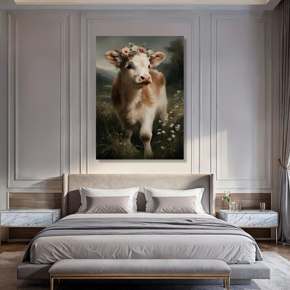 Charming Calf with Floral Crown Canvas, Rustic Farm Animal Wall Art, Meadow Nature Scene Canvas, Cozy Country Home Decoration Print Art