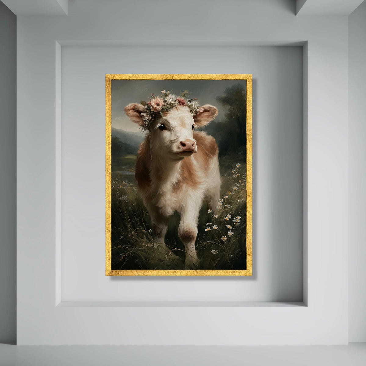 Charming Calf with Floral Crown Canvas, Rustic Farm Animal Wall Art, Meadow Nature Scene Canvas, Cozy Country Home Decoration Print Art