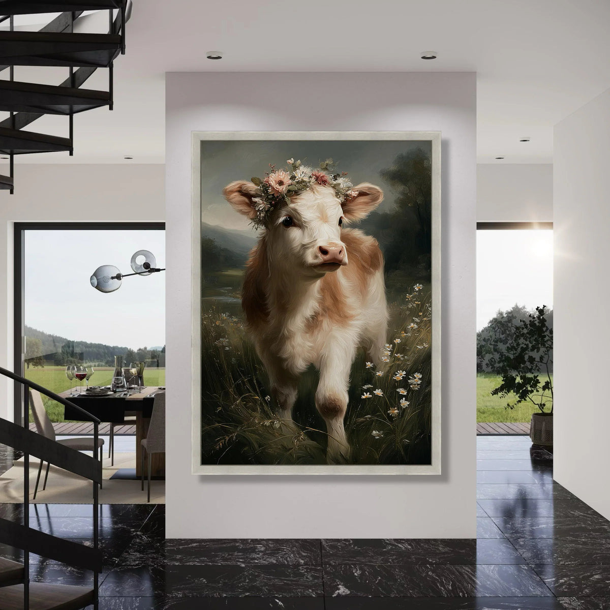 Charming Calf with Floral Crown Canvas, Rustic Farm Animal Wall Art, Meadow Nature Scene Canvas, Cozy Country Home Decoration Print Art