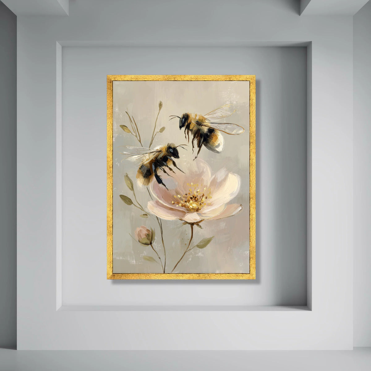 Honey Bees and Peony Flower Canvas, Botanical Wall Art, Nature Floral Painting, Soft Pastel Home Decor, Garden Insect Illustration Print Art