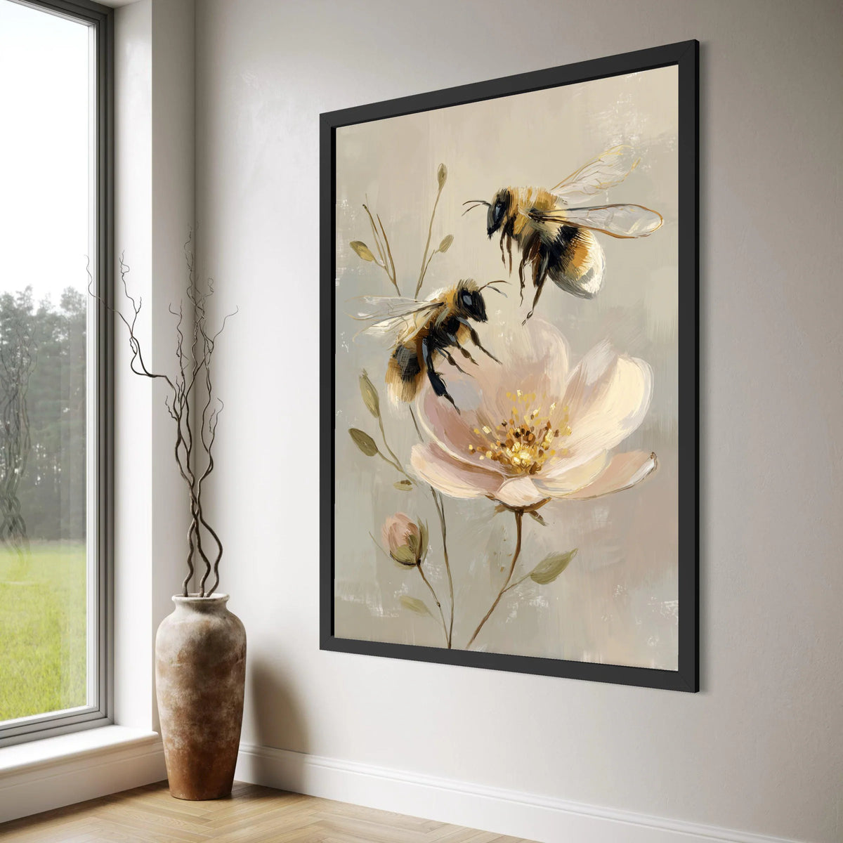 Honey Bees and Peony Flower Canvas, Botanical Wall Art, Nature Floral Painting, Soft Pastel Home Decor, Garden Insect Illustration Print Art
