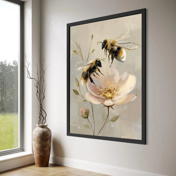 Honey Bees and Peony Flower Canvas, Botanical Wall Art, Nature Floral Painting, Soft Pastel Home Decor, Garden Insect Illustration Print Art