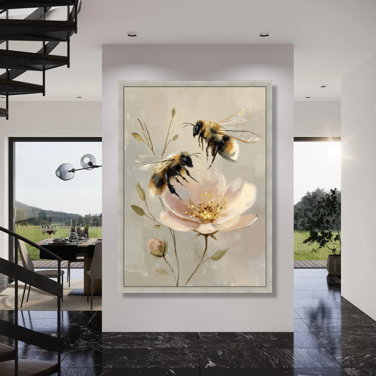 Honey Bees and Peony Flower Canvas, Botanical Wall Art, Nature Floral Painting, Soft Pastel Home Decor, Garden Insect Illustration Print Art