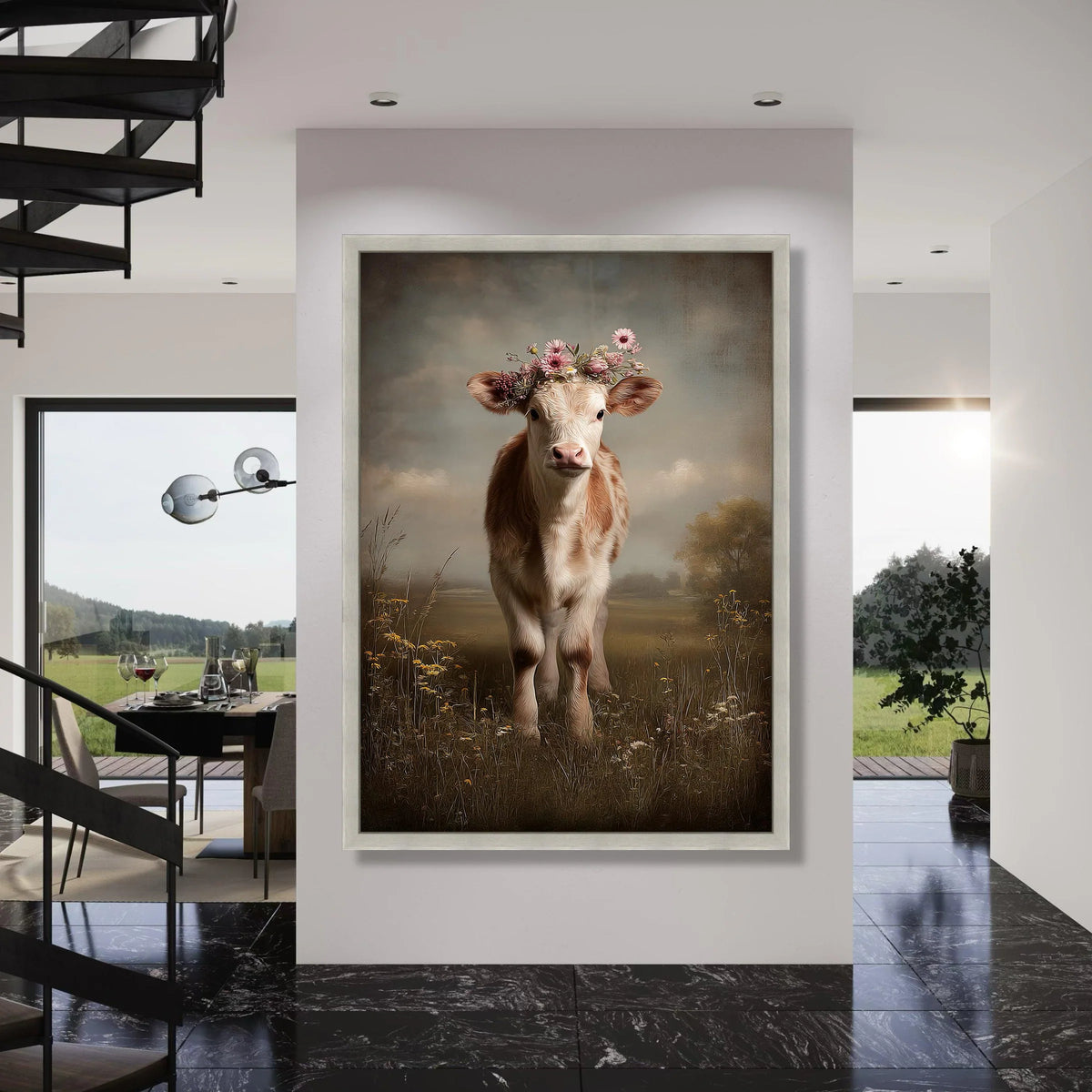 Adorable Calf with Floral Crown Canvas, Rustic Farm Animal Wall Art, Country Meadow Landscape Canvas, Cute Farmhouse Decoration Print Art