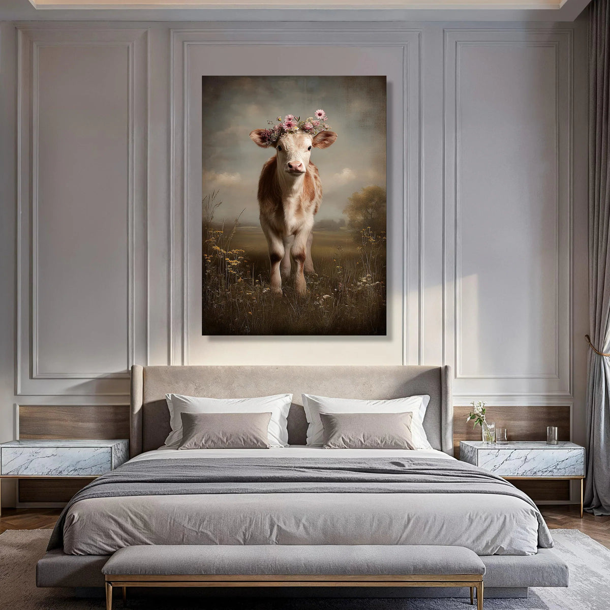 Adorable Calf with Floral Crown Canvas, Rustic Farm Animal Wall Art, Country Meadow Landscape Canvas, Cute Farmhouse Decoration Print Art
