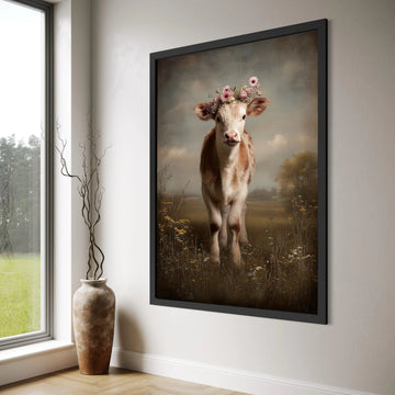 Adorable Calf with Floral Crown Canvas, Rustic Farm Animal Wall Art, Country Meadow Landscape Canvas, Cute Farmhouse Decoration Print Art