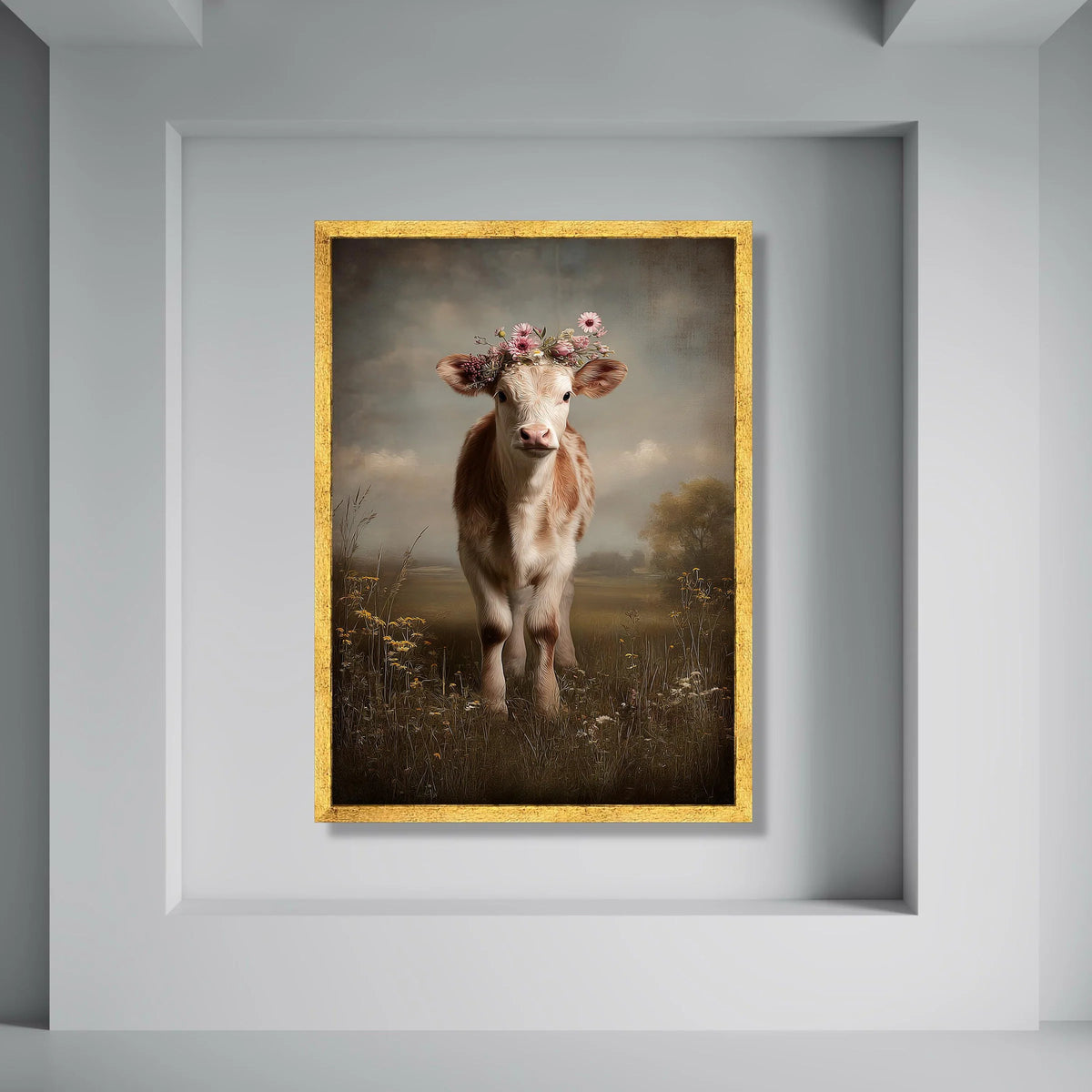 Adorable Calf with Floral Crown Canvas, Rustic Farm Animal Wall Art, Country Meadow Landscape Canvas, Cute Farmhouse Decoration Print Art