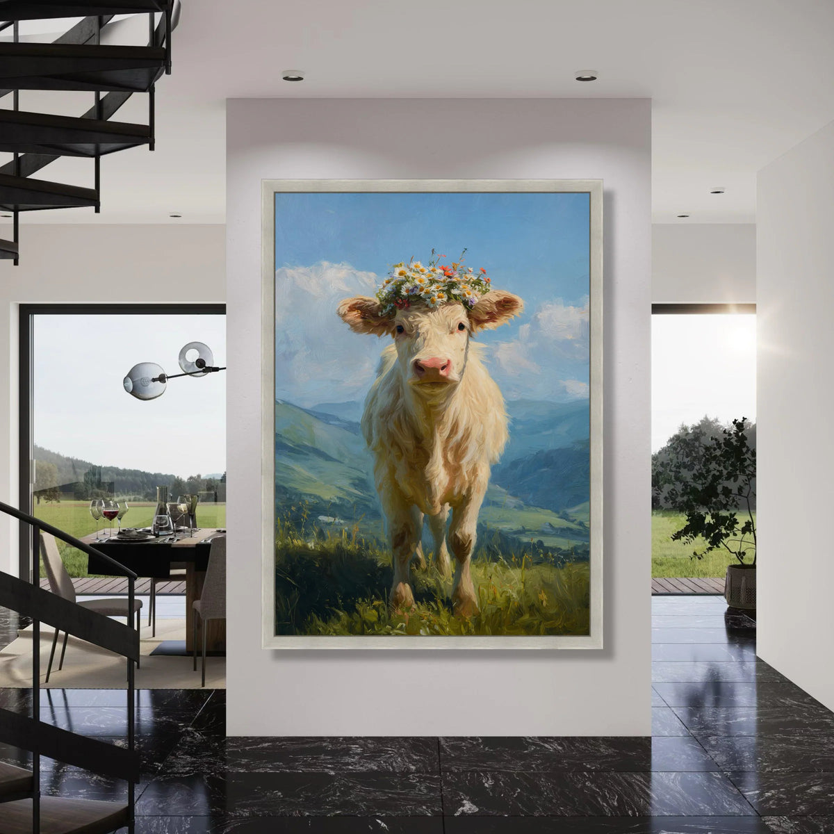 Charming Calf with Flower Crown Canvas, Farm Animal Wall Art, Rustic Country Decor, Pastoral Landscape Canvas, Nature Scene Canvas Print Art