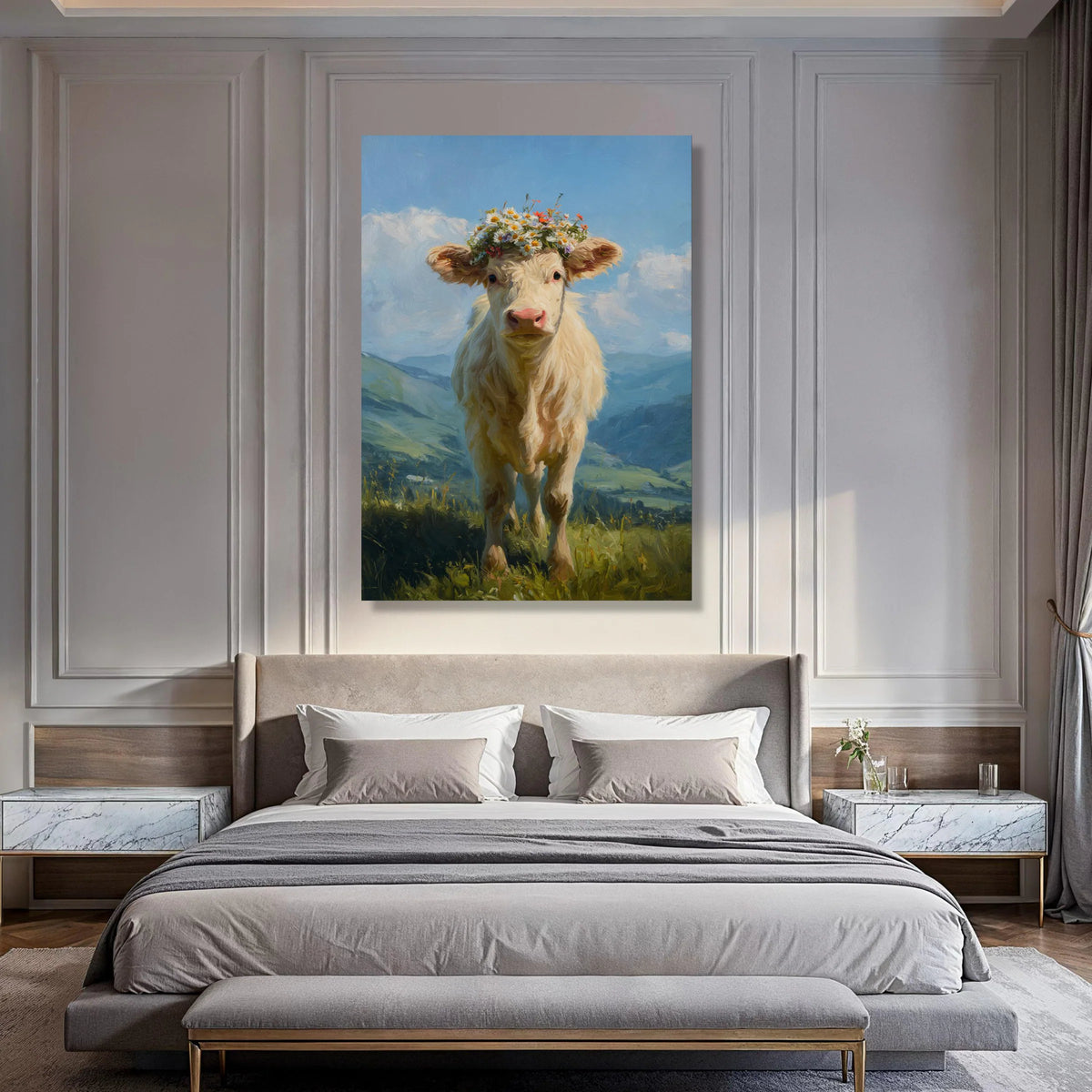 Charming Calf with Flower Crown Canvas, Farm Animal Wall Art, Rustic Country Decor, Pastoral Landscape Canvas, Nature Scene Canvas Print Art