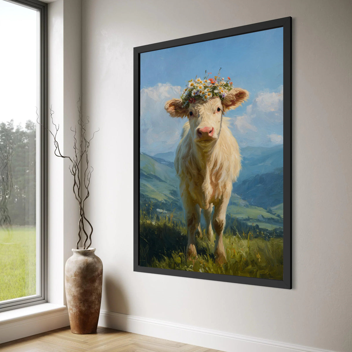 Charming Calf with Flower Crown Canvas, Farm Animal Wall Art, Rustic Country Decor, Pastoral Landscape Canvas, Nature Scene Canvas Print Art